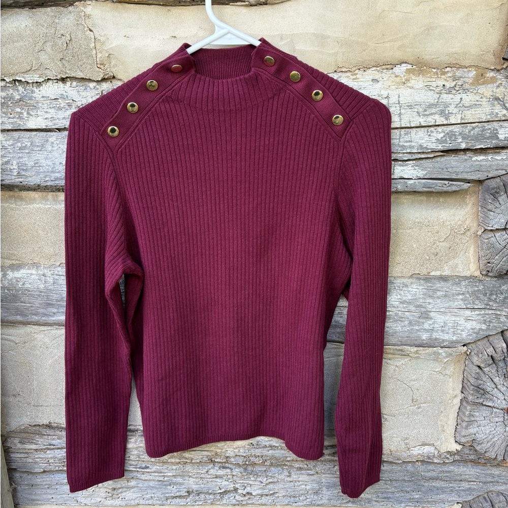 Talbots Women's Ribbed Mock Neck Burgundy Sweater with Button Detail Size L